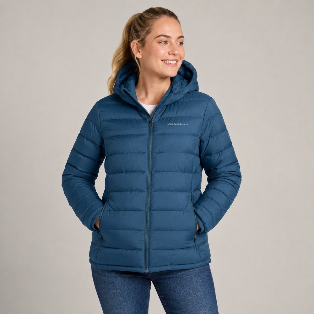 Eddie Bauer Packable Down Jacket Women Small Blue 650 Fill Hooded Puffer EMJ0702